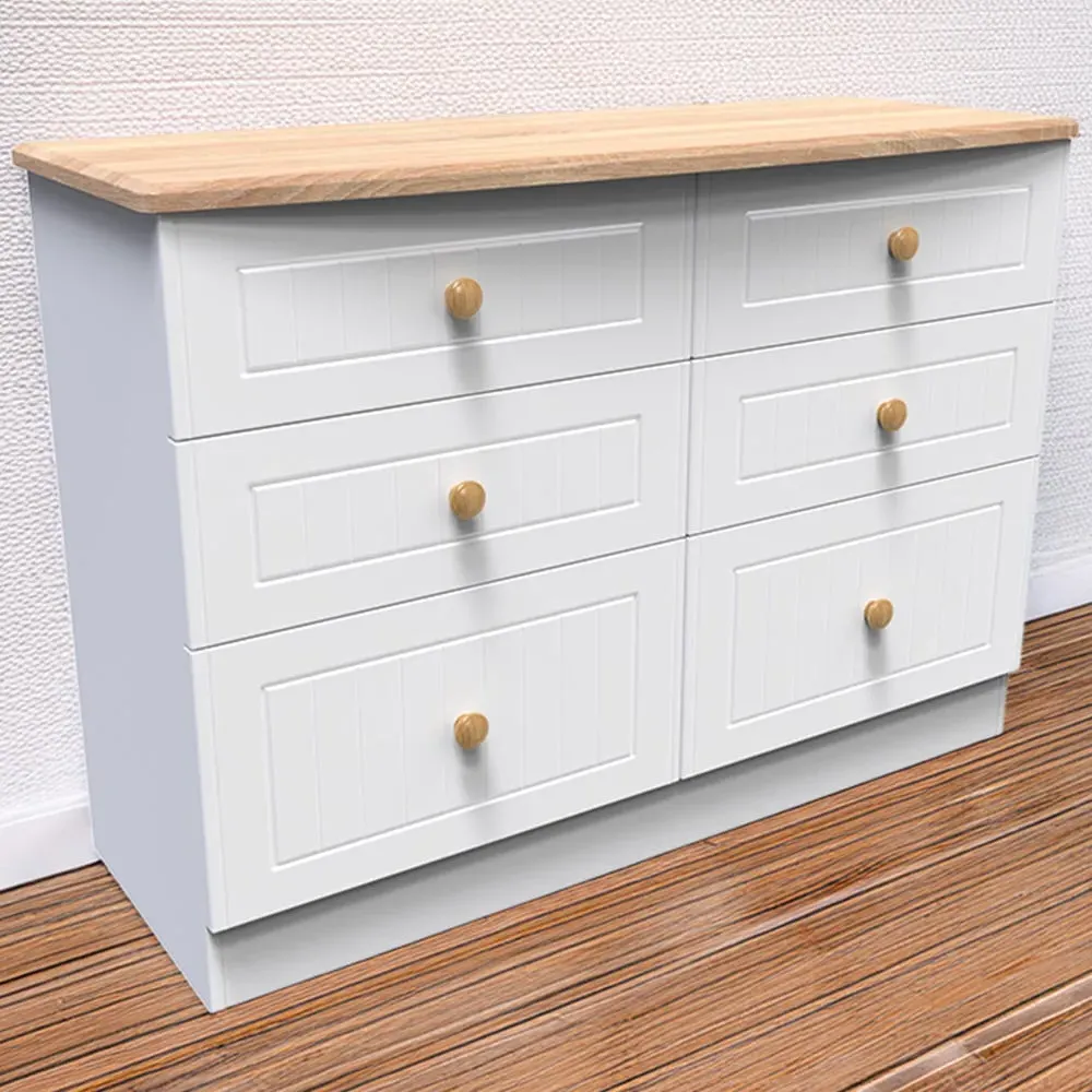 Warwick 6 Drawer Wide Chest of Drawers - White, Ash and Oak