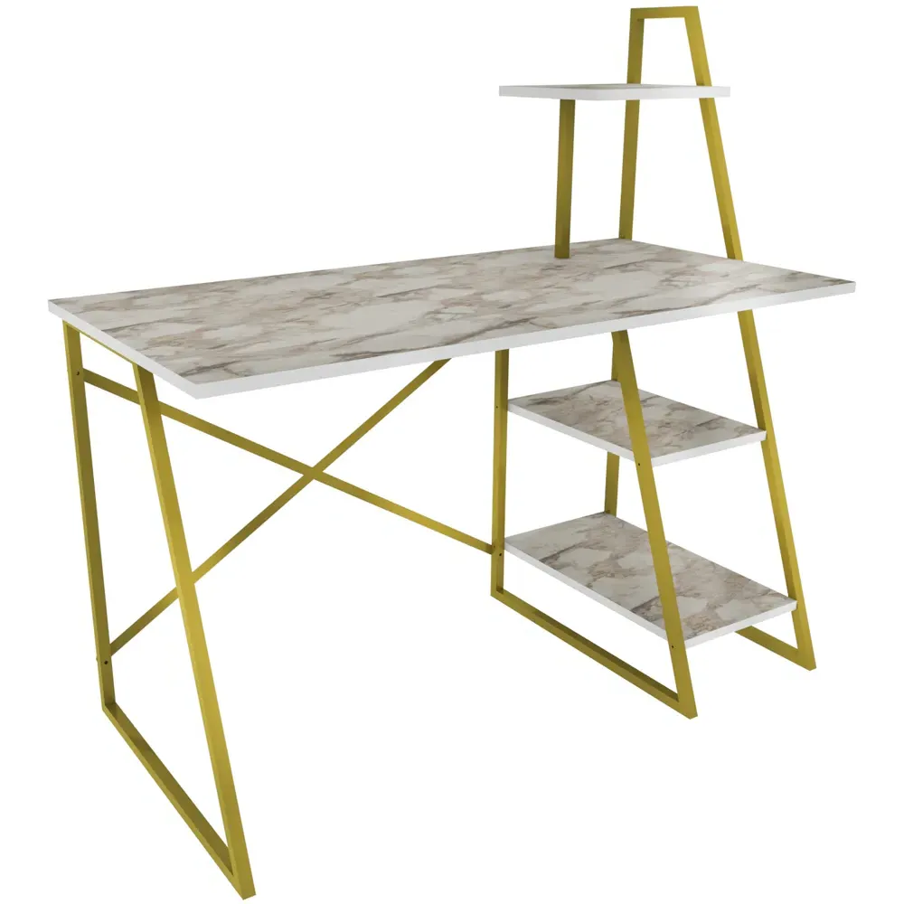 Admira Computer Desk with Shelves - Gold, White Marble Effect