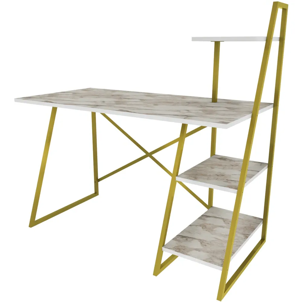 Admira Computer Desk with Shelves - Gold, White Marble Effect