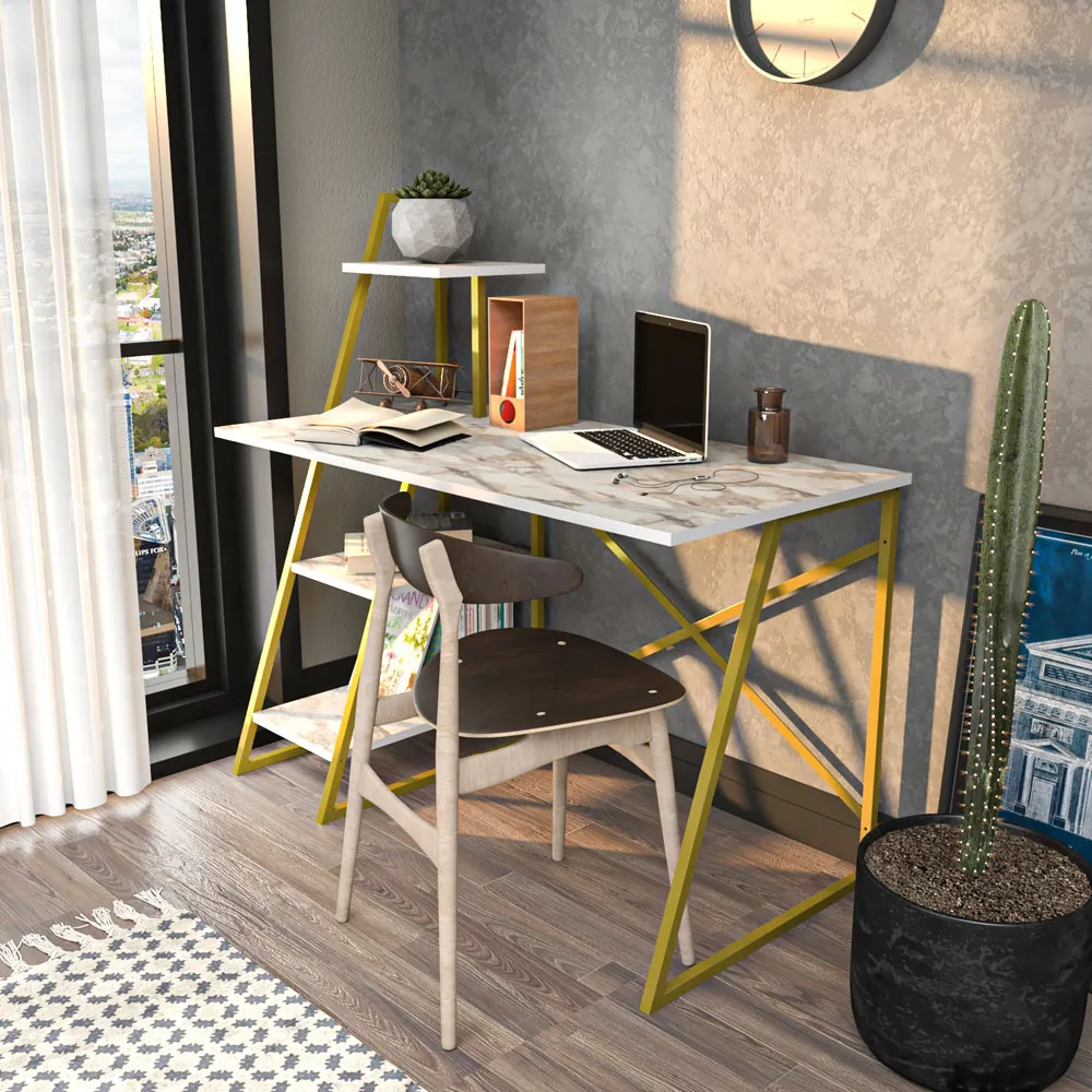 Admira Computer Desk with Shelves - Gold, White Marble Effect
