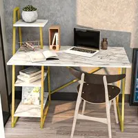 Admira Computer Desk with Shelves - Gold, White Marble Effect