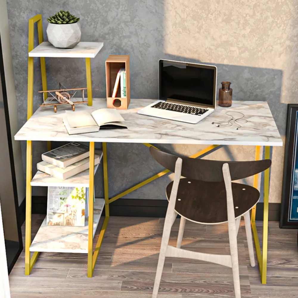 Admira Computer Desk with Shelves - Gold, White Marble Effect image