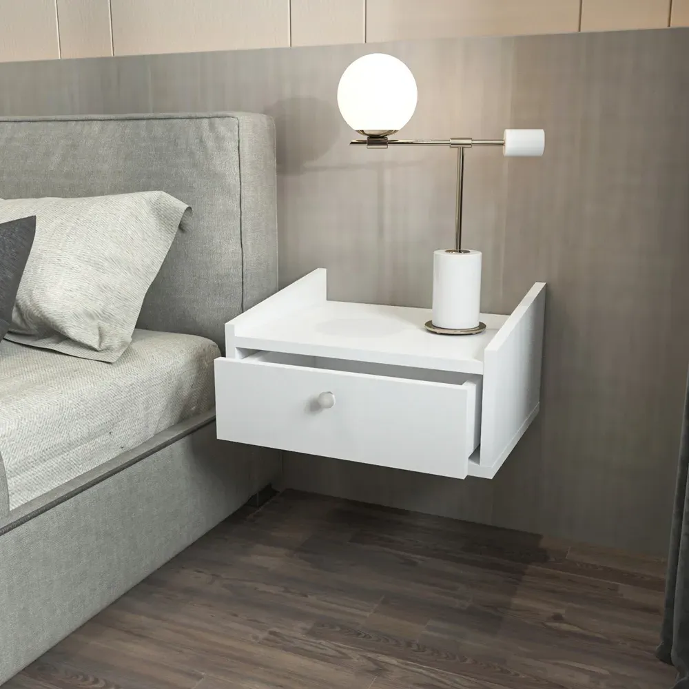 Anel Single Drawer Floating Bedside Table - White