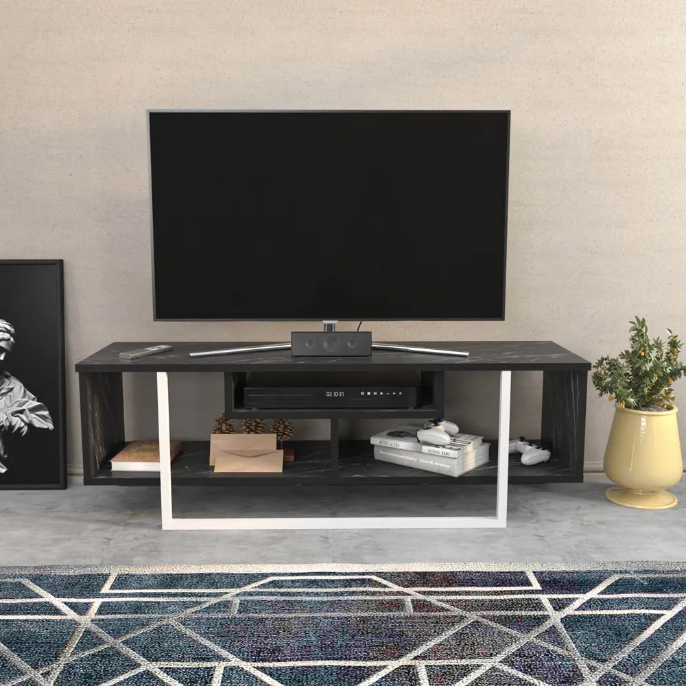 Asal Wide TV Unit - Black Marble Effect, White