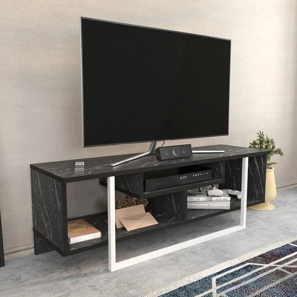 Asal Wide TV Unit - Black Marble Effect, White