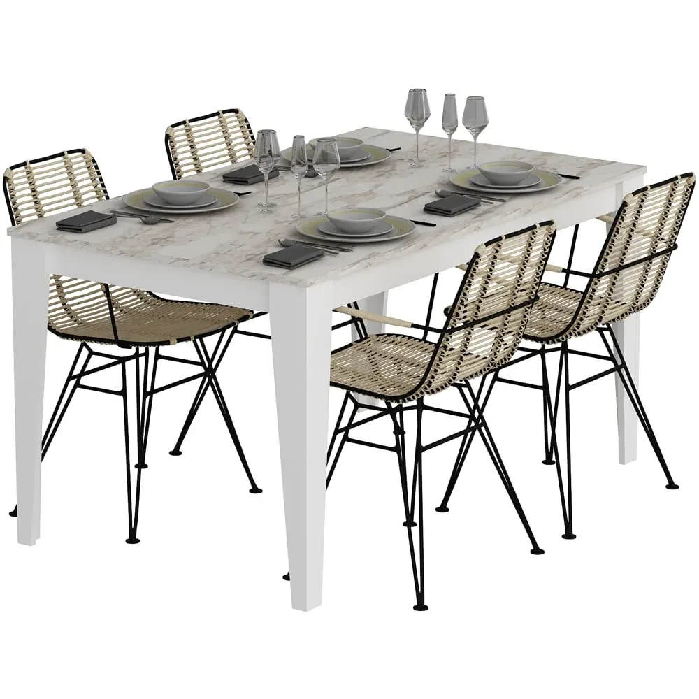 Bud 4-Seater Dining Set - White, Marble Effect