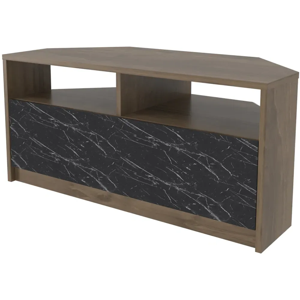 Comero Corner TV Unit with Storage - White, Black Marble