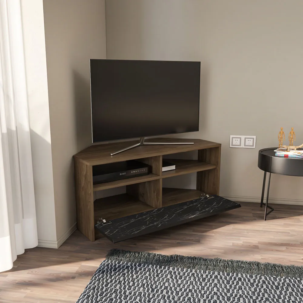 Comero Corner TV Unit with Storage - White, Black Marble