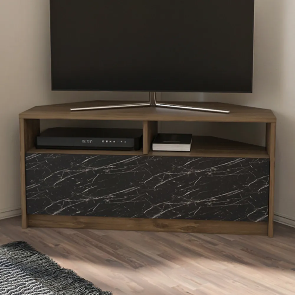 Comero Corner TV Unit with Storage - White, Black Marble