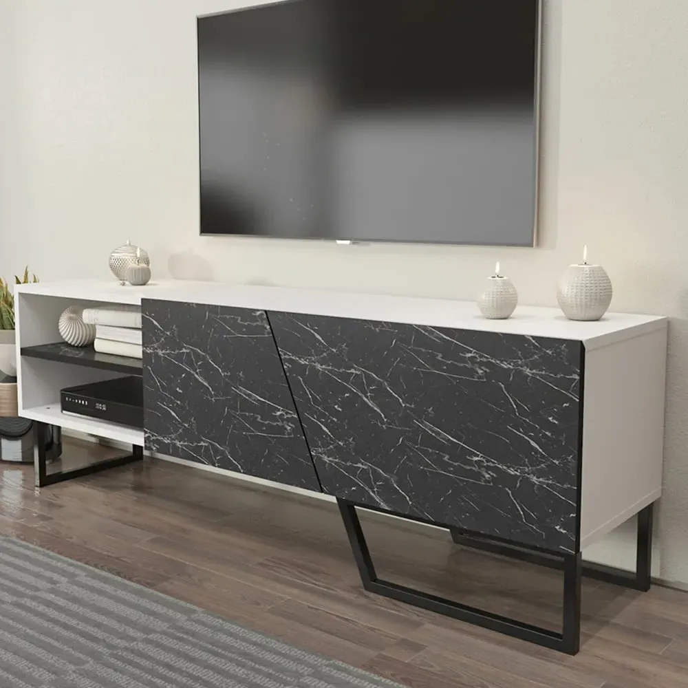 Denasse TV Unit with Storage - Black, Marble Effect image