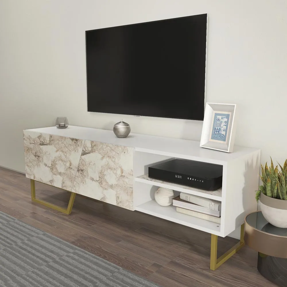 Denasse TV Unit with Storage - White, Marble Effect