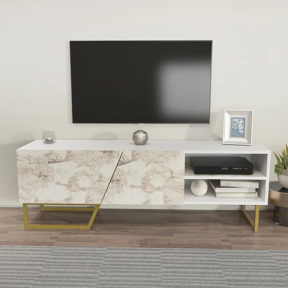 Denasse TV Unit with Storage - White, Marble Effect