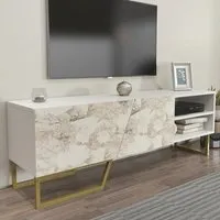 Denasse TV Unit with Storage - White, Marble Effect