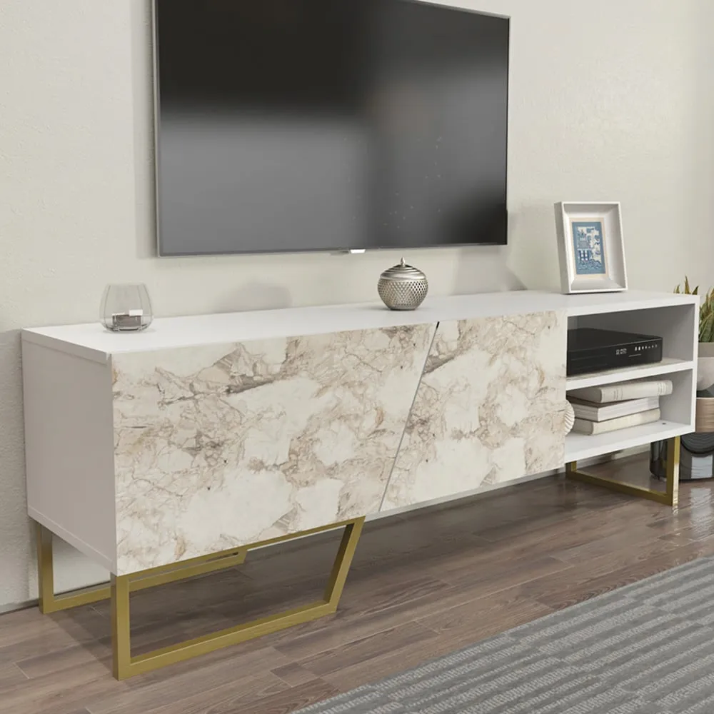 Denasse TV Unit with Storage - White, Marble Effect