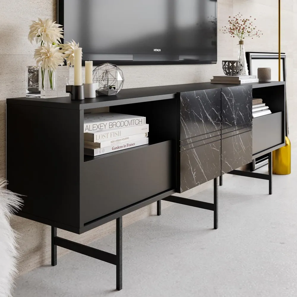 Derin TV Unit with Storage - Black, Marble Effect