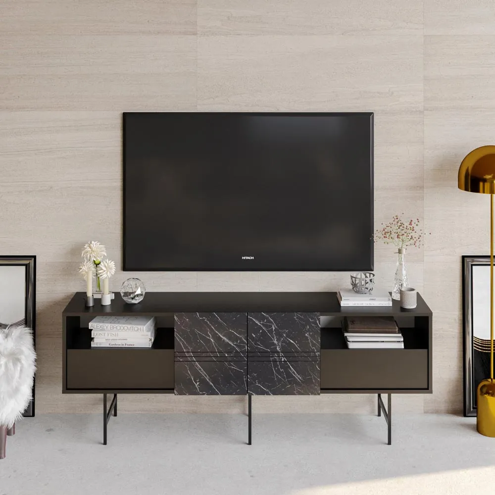 Derin TV Unit with Storage - Black, Marble Effect