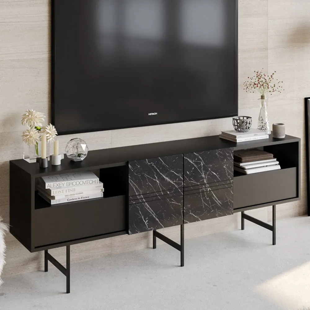Derin TV Unit with Storage - Black, Marble Effect image