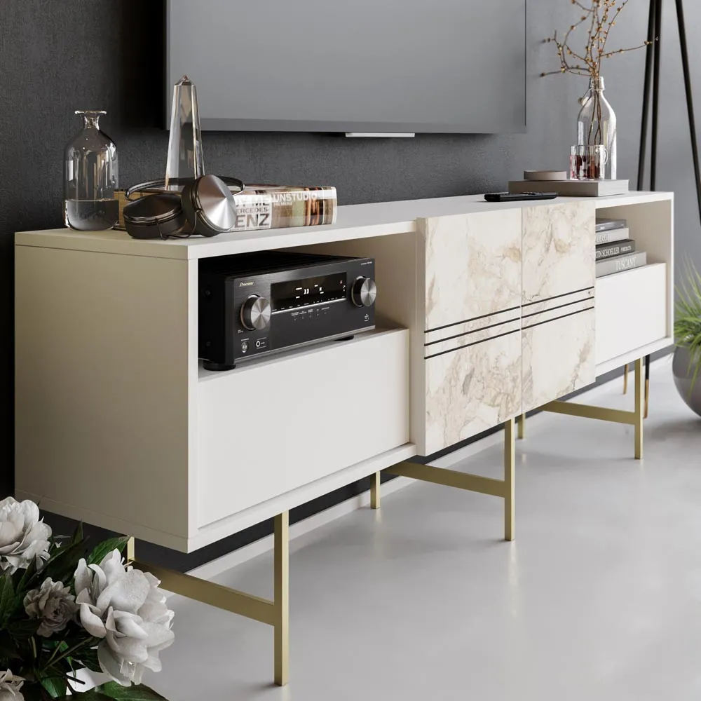 Derin TV Unit with Storage - White, Marble Effect