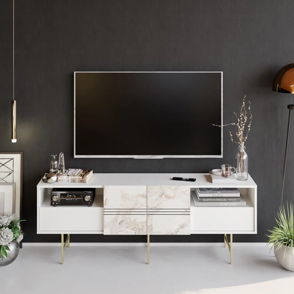 Derin TV Unit with Storage - White, Marble Effect