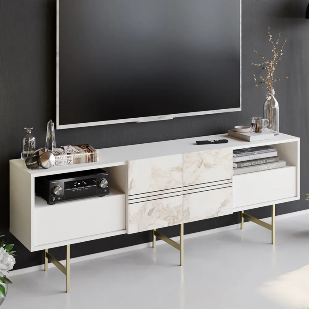 Derin TV Unit with Storage - White, Marble Effect