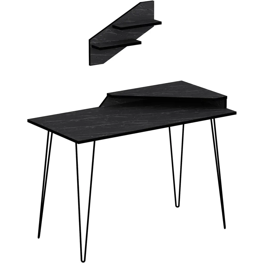Desalvo Computer Desk with Wall Shelf - Black, Marble Effect