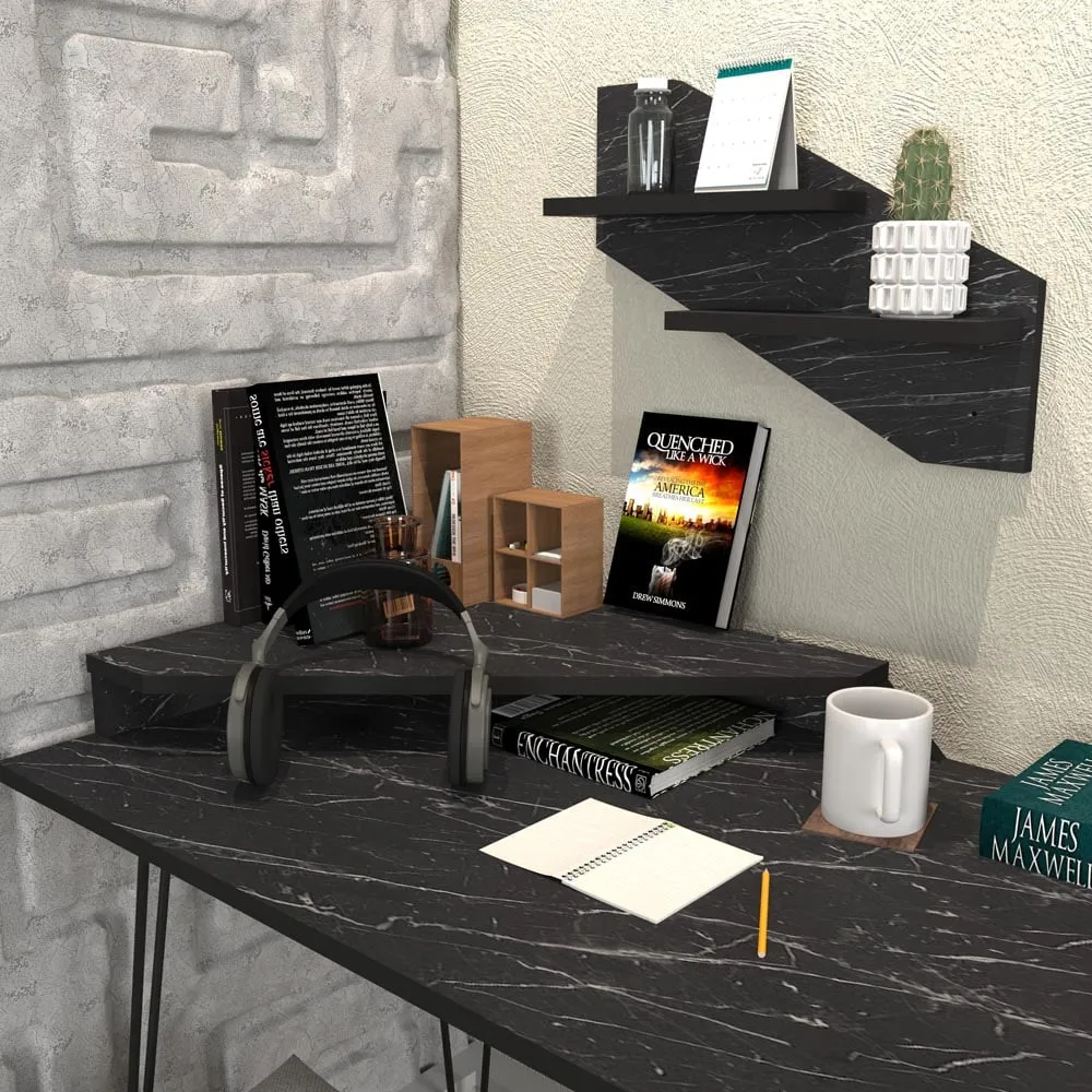 Desalvo Computer Desk with Wall Shelf - Black, Marble Effect