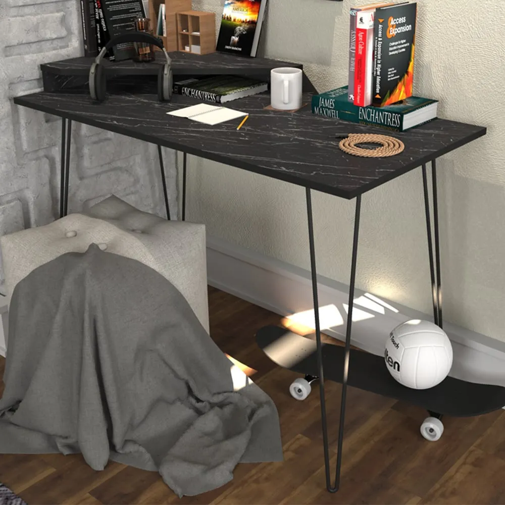 Desalvo Computer Desk with Wall Shelf - Black, Marble Effect