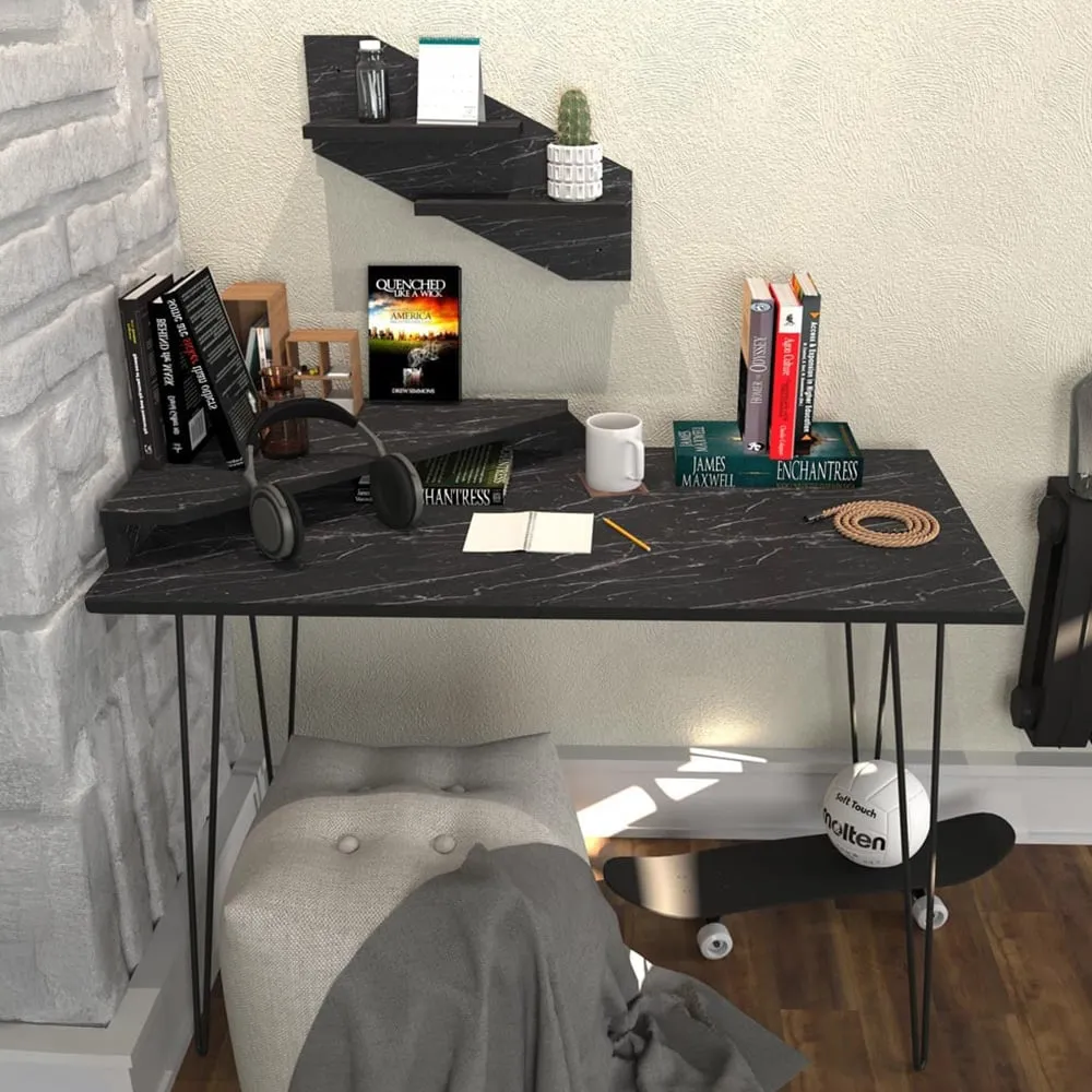 Desalvo Computer Desk with Wall Shelf - Black, Marble Effect image