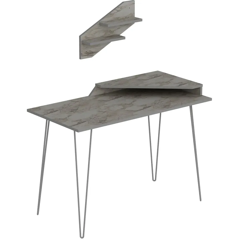 Desalvo Computer Desk with Wall Shelf - White, Marble Effect