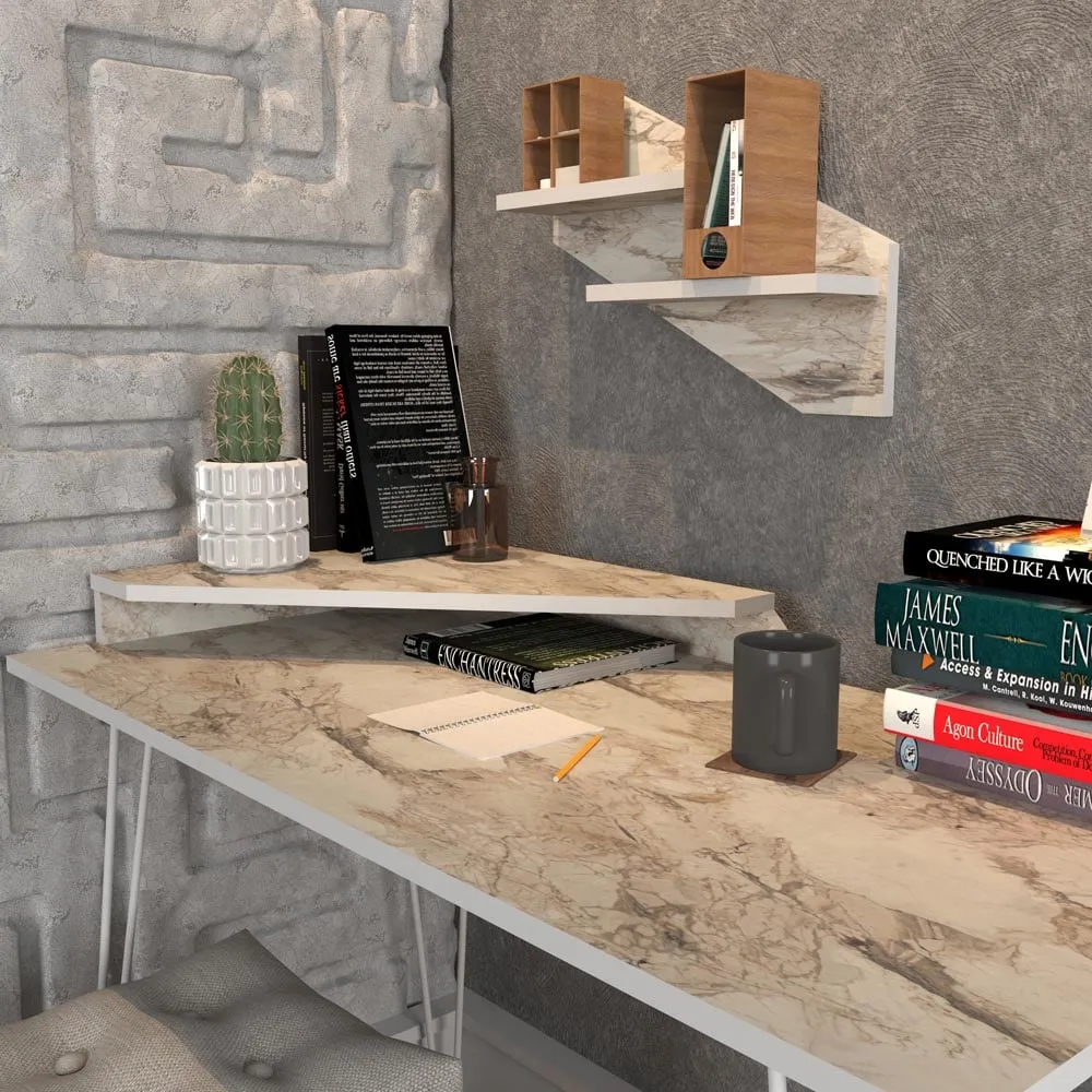 Desalvo Computer Desk with Wall Shelf - White, Marble Effect
