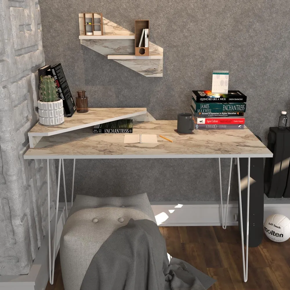 Desalvo Computer Desk with Wall Shelf - White, Marble Effect