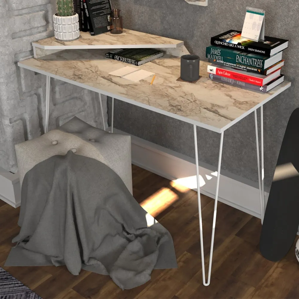 Desalvo Computer Desk with Wall Shelf - White, Marble Effect