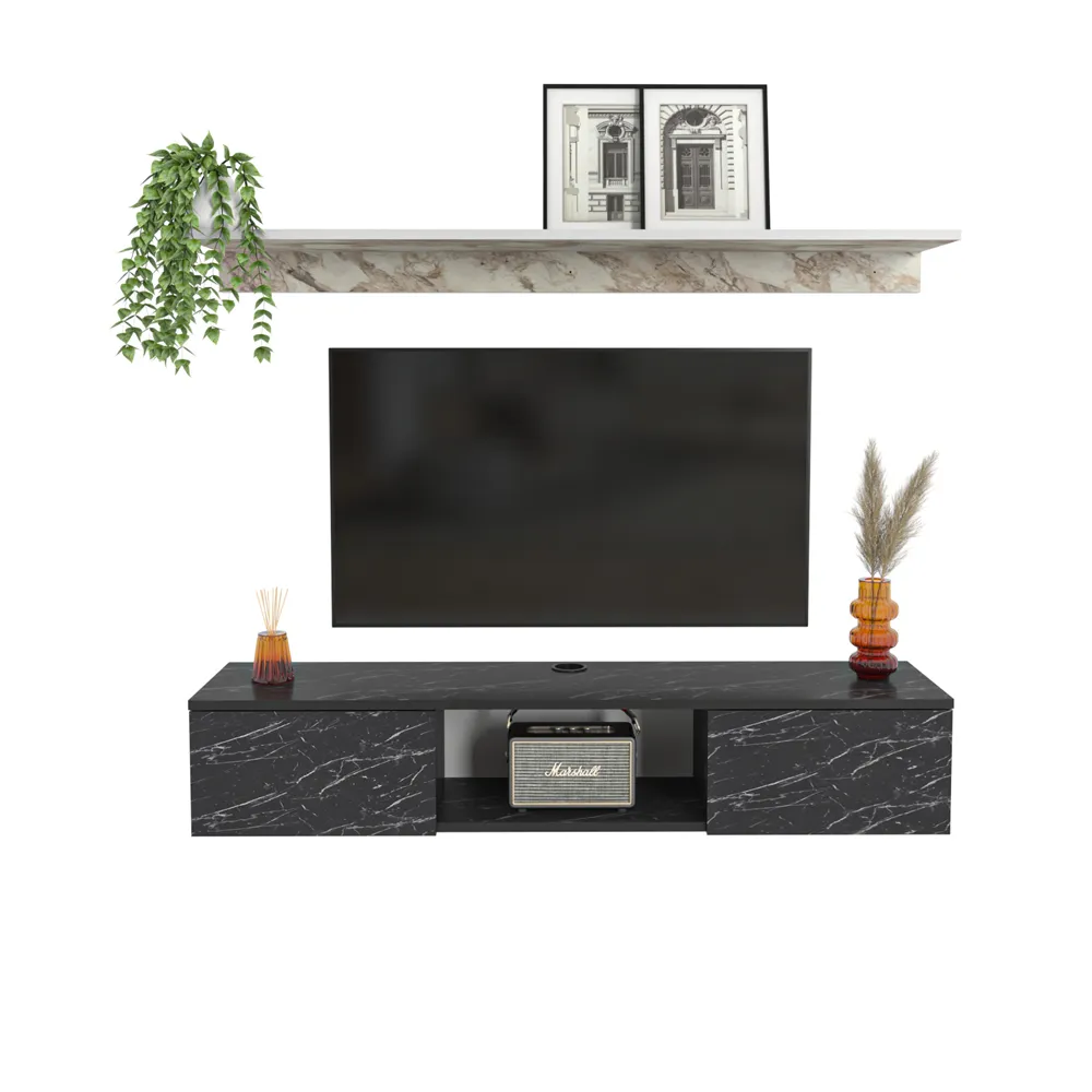 Elia 2 Door Floating TV Unit with Wall Shelf - Bendire, Ephesus