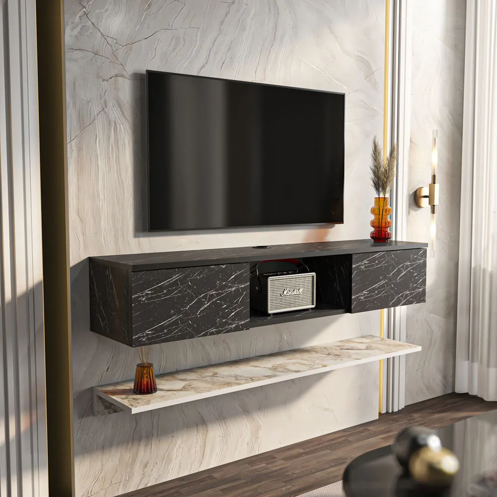 Elia 2 Door Floating TV Unit with Wall Shelf - Bendire, Ephesus