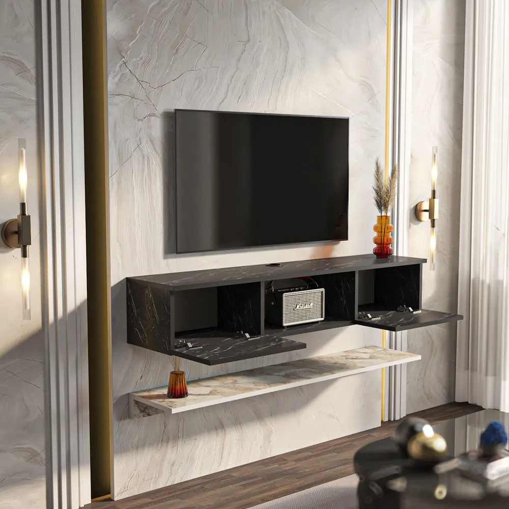 Elia 2 Door Floating TV Unit with Wall Shelf - Bendire, Ephesus