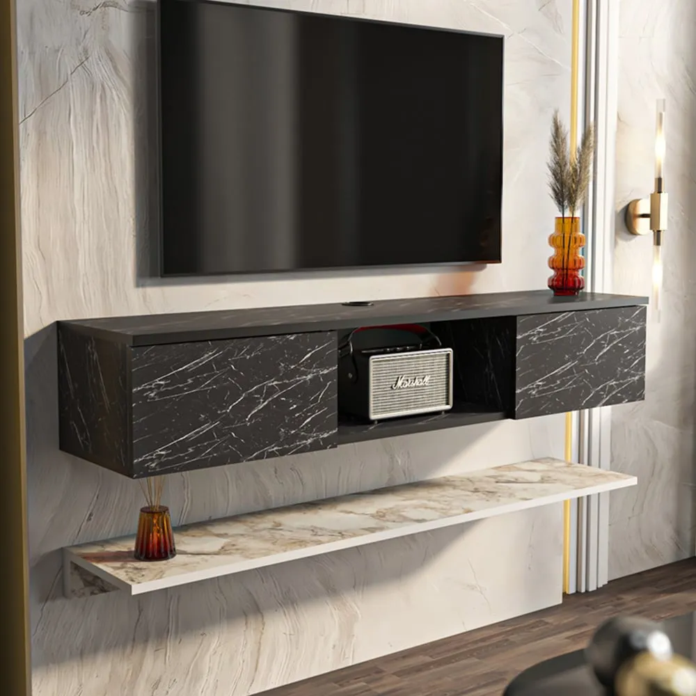 Elia 2 Door Floating TV Unit with Wall Shelf - Bendire, Ephesus