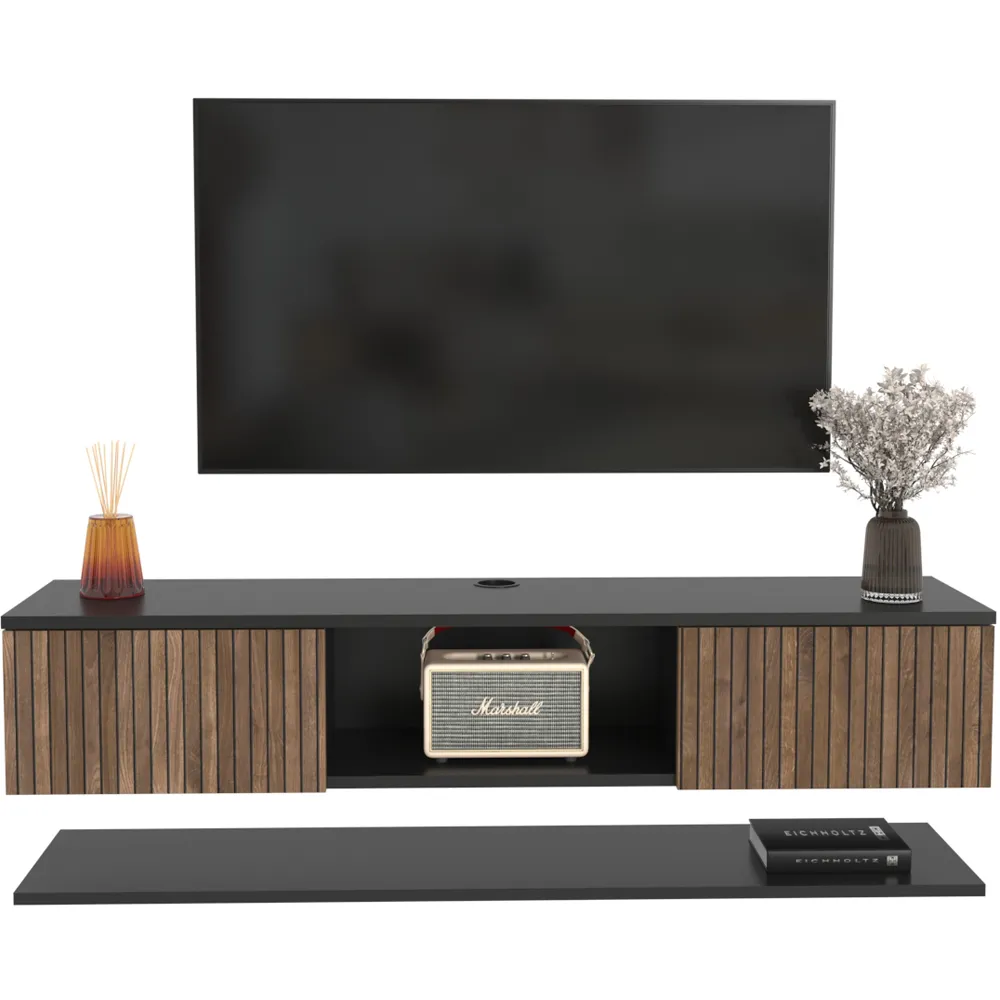 Elia 2 Door Floating TV Unit with Wall Shelf - Black, Alina