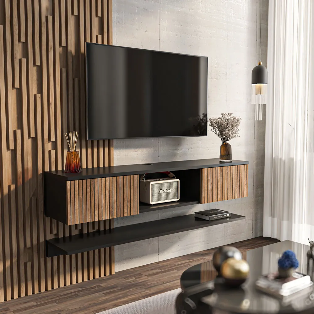 Elia 2 Door Floating TV Unit with Wall Shelf - Black, Alina