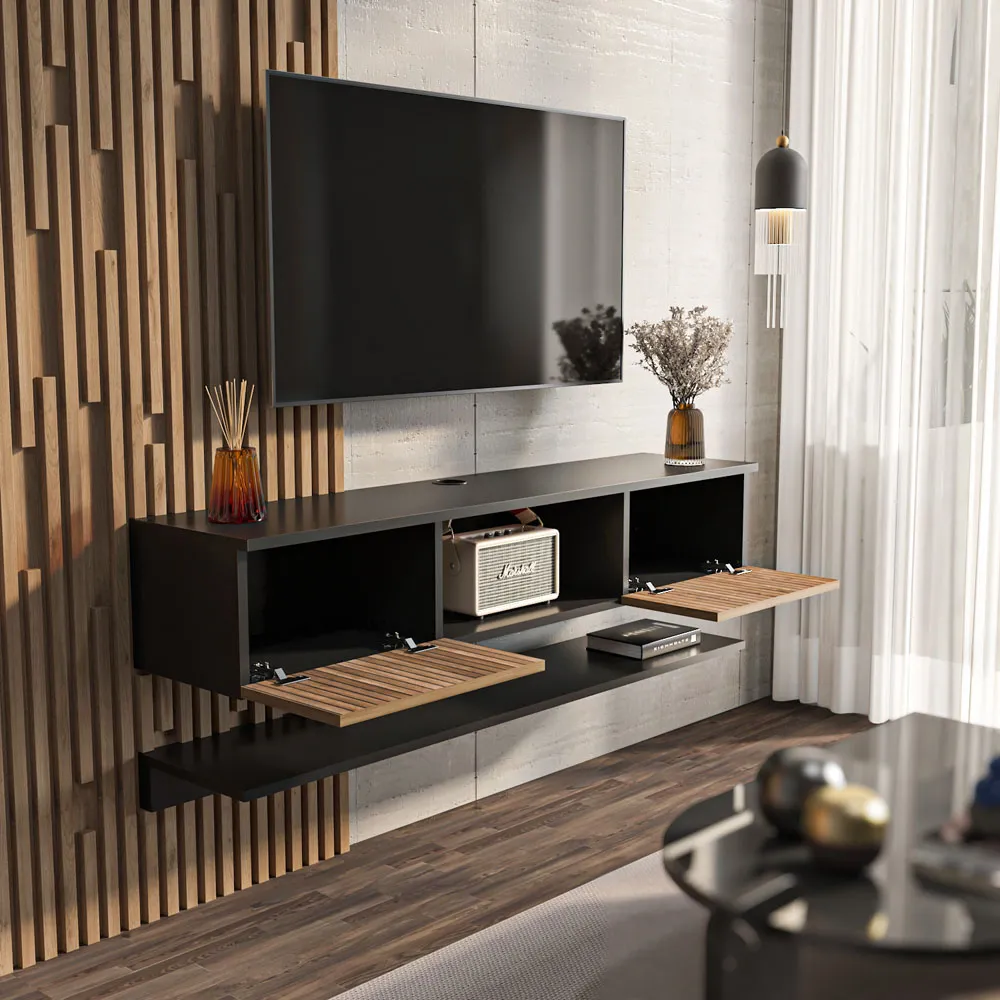 Elia 2 Door Floating TV Unit with Wall Shelf - Black, Alina