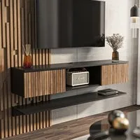 Elia 2 Door Floating TV Unit with Wall Shelf - Black, Alina