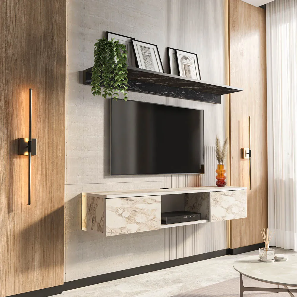 Elia 2 Door Floating TV Unit with Wall Shelf - Ephesus, Bendire