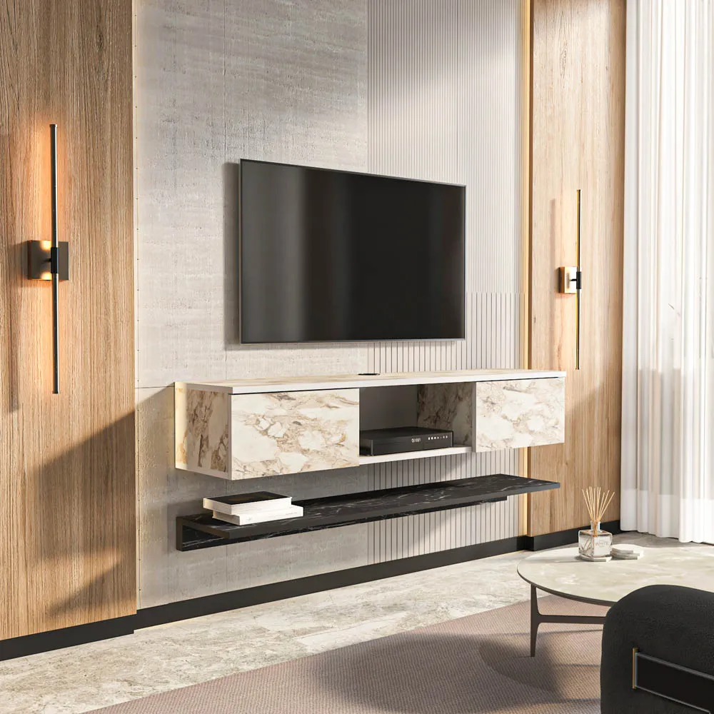 Elia 2 Door Floating TV Unit with Wall Shelf - Ephesus, Bendire