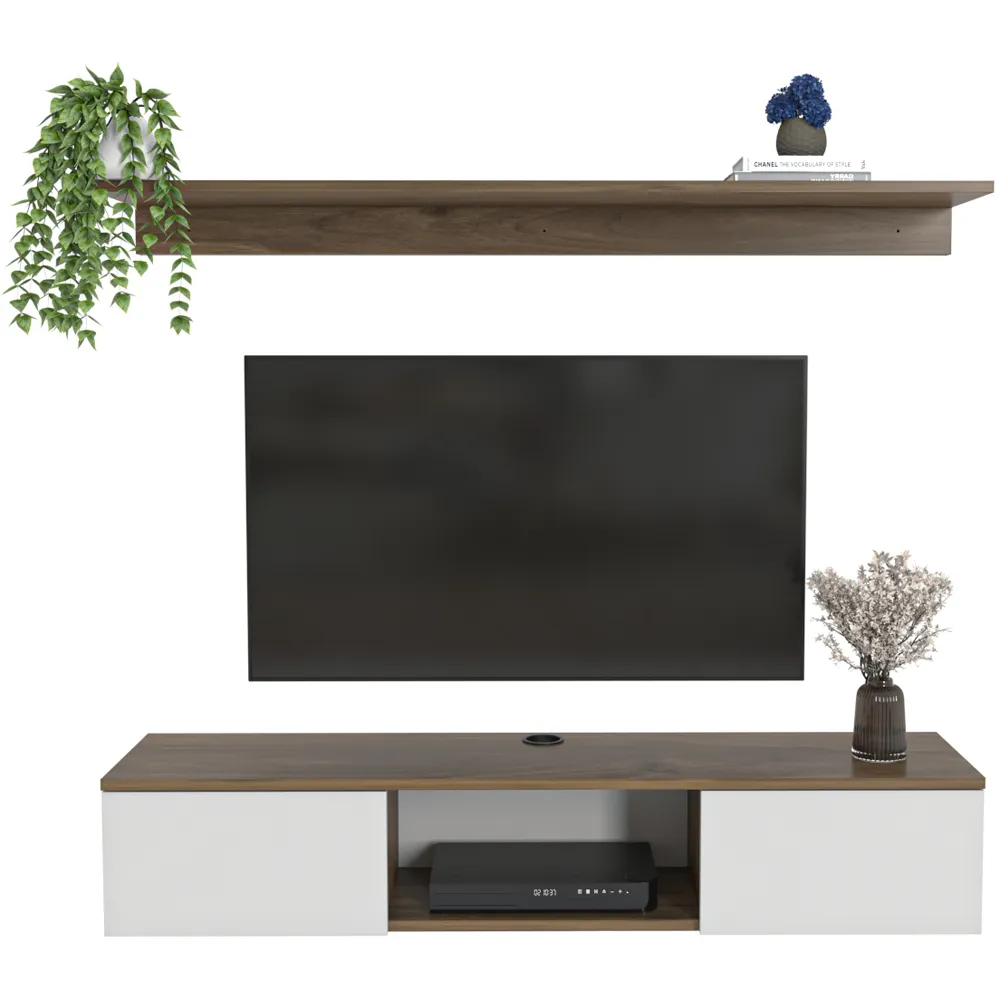 Elia 2 Door Floating TV Unit with Wall Shelf - Walnut, White