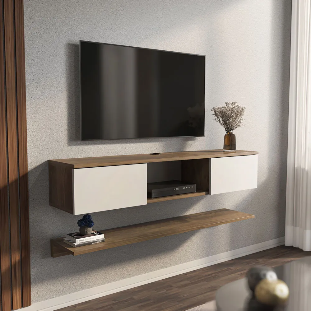 Elia 2 Door Floating TV Unit with Wall Shelf - Walnut, White