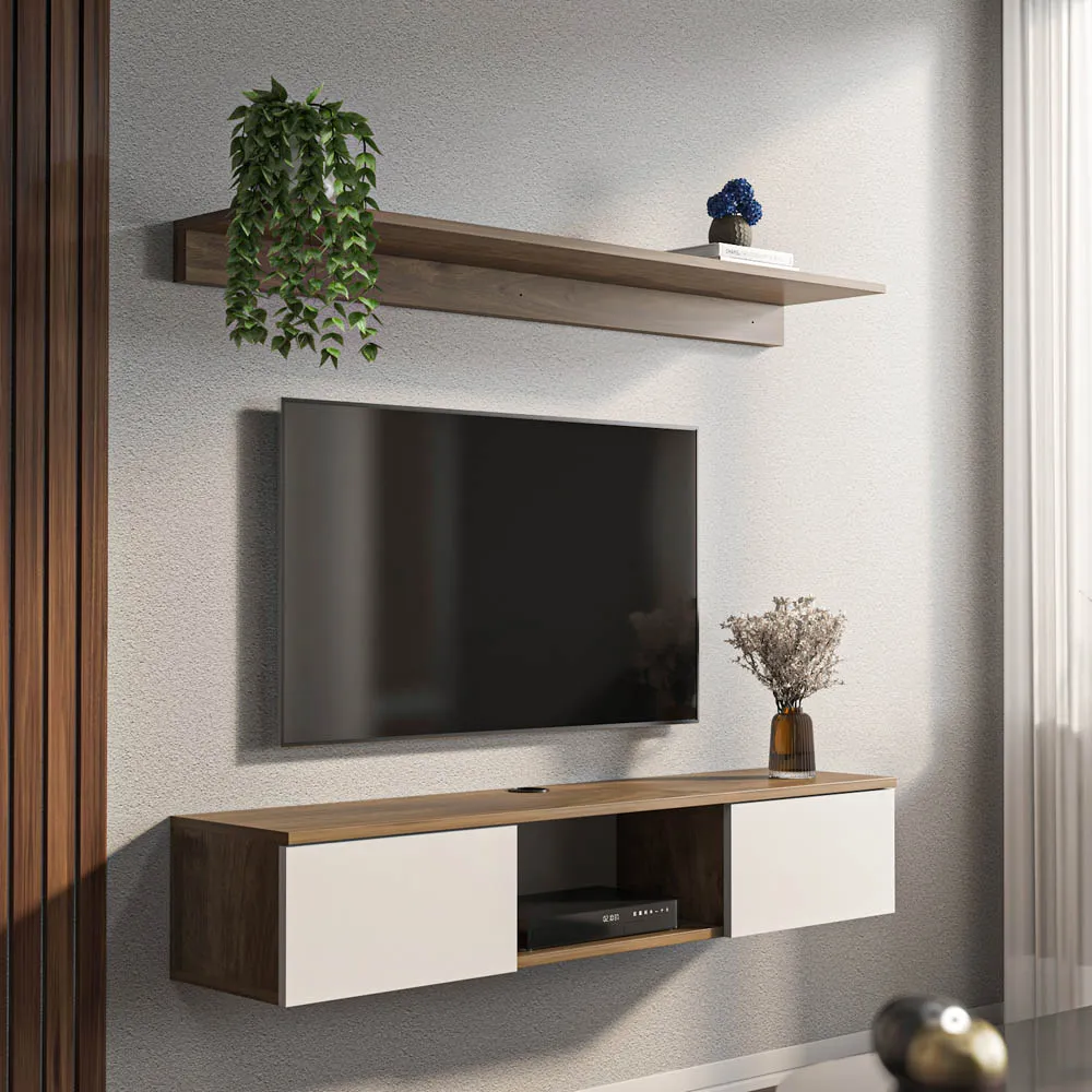 Elia 2 Door Floating TV Unit with Wall Shelf - Walnut, White