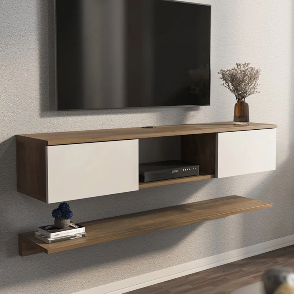 Elia 2 Door Floating TV Unit with Wall Shelf - Walnut, White