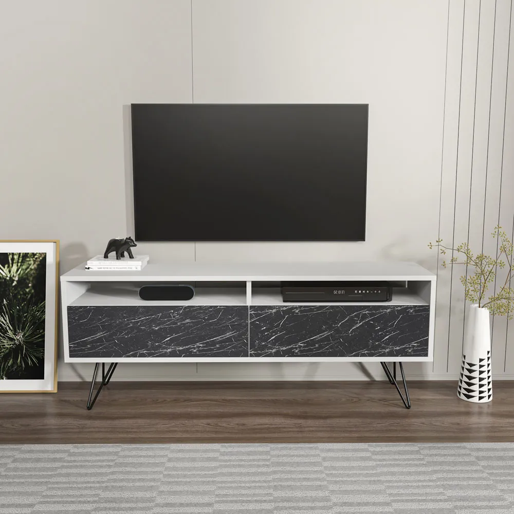 Flay 2 Door 2 Shelf TV Unit - Black Marble Effect, White