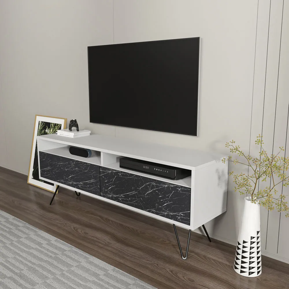 Flay 2 Door 2 Shelf TV Unit - Black Marble Effect, White
