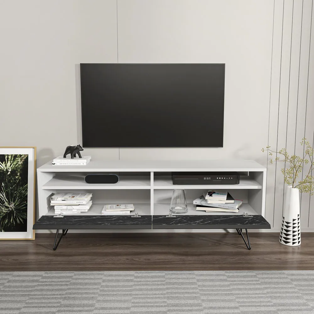 Flay 2 Door 2 Shelf TV Unit - Black Marble Effect, White