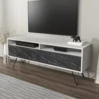 Flay 2 Door 2 Shelf TV Unit - Black Marble Effect, White